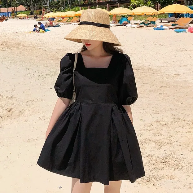 

Cool Lady Black Dress High Waist Square Neck Puff Sleeve Summer Short Dress Princess Robe Femme Vestido Mujer Vestiti Donna