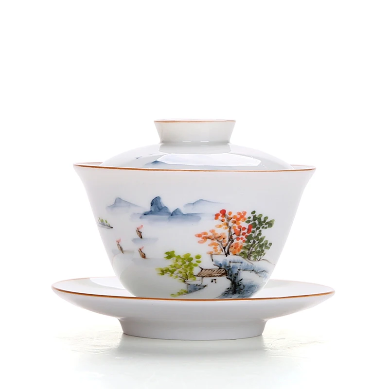 

Ceramic Lid Bowl Tea Cup Set Hand Painted Landscape Painting Tea Bowl Kung Fu Tea Set Home Party Afternoon Tea Teacup Porcelain