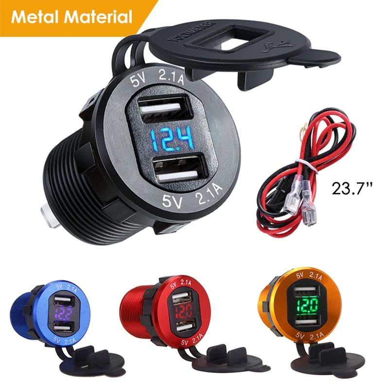 

Dual USB Charger Socket Waterproof Power Outlet 2.1A with Voltmeter Wire in-line 10A Fuse for 12-24V Car Boat Marine Motorcycle