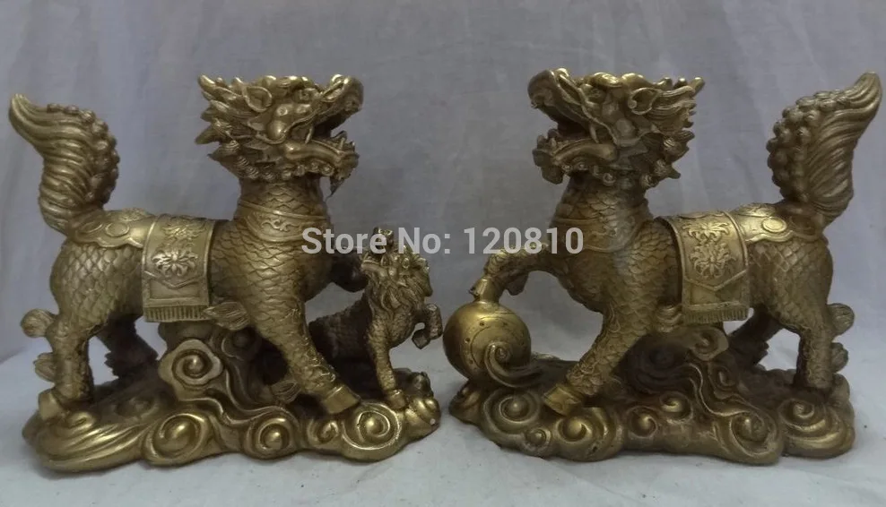 

9" Chinese Brass Wealth FengShui Xue JiXiang Dragon Kylin Cubs Ball Statue Pair