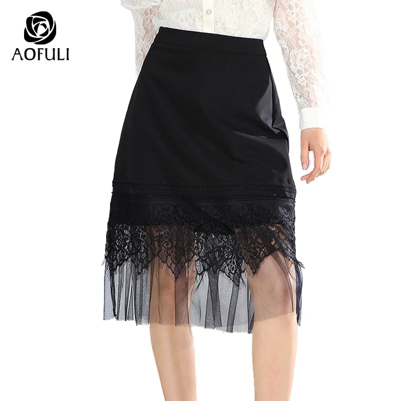 

AOFULI L/XL women lace midi skirt mesh patchwork mid-calf length skirt plus size black fashion brand clothing 1021
