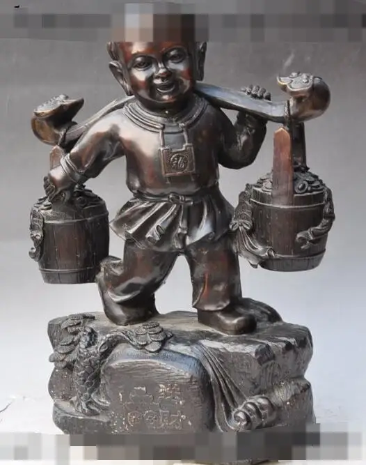 

S3608 18"chinese folk bronze wealth ruyi child boy lad Mention money bag lucky statue