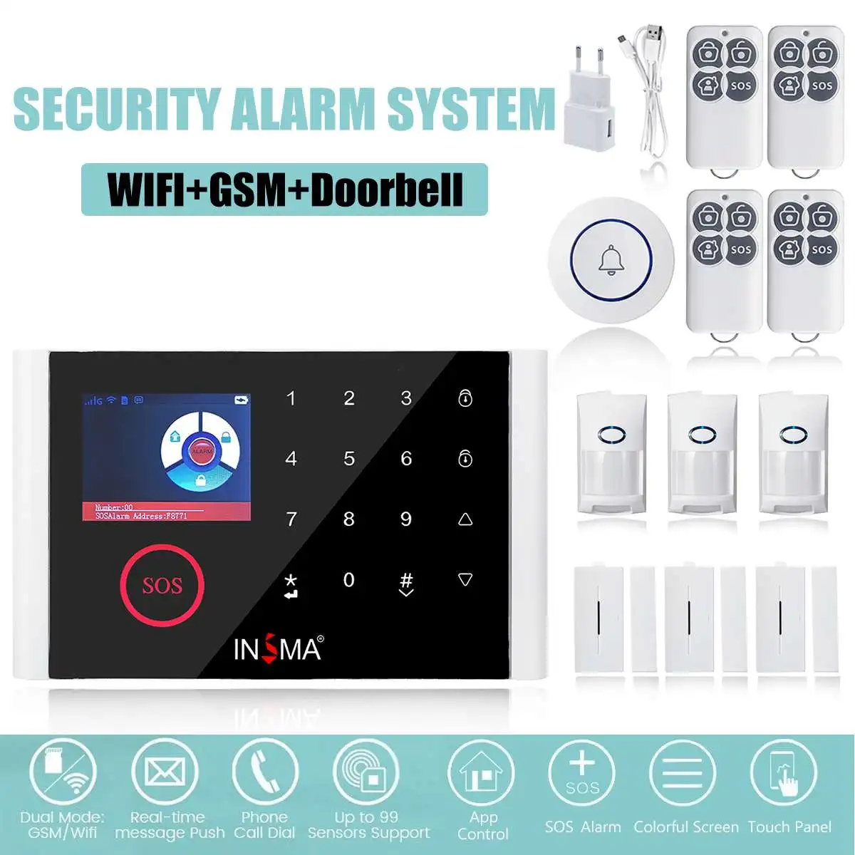 

Wireless Home Security WIFI GSM GPRS Alarm System Sensor Kit Doorbell APP Control PIR Detector Burglar Security CN EN RU ES PT