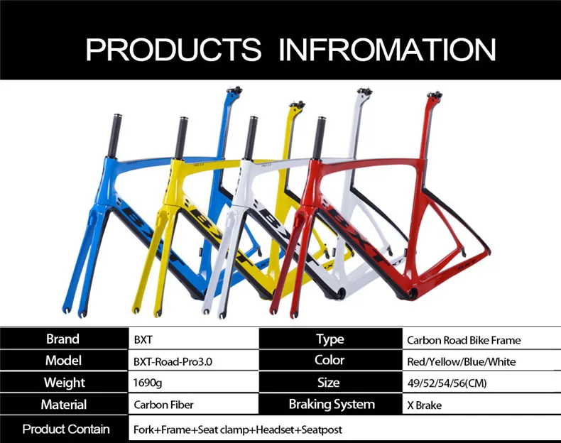 Excellent 2018 New Design BXT Carbon Road Bike Frame+Fork+Seatpost Toray T800 Chinese Bike Frame 49-56CM UD Carbon bicycle  Frames 42