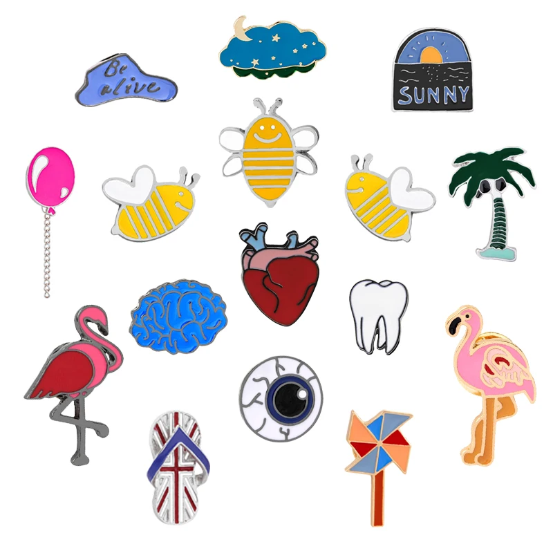 

Creative Cartoon Brooches Badge Enamel Pins Heart Brain Flamingo Bee Tree Clothes hijab Pin For Women Men Jewelry аниме значки
