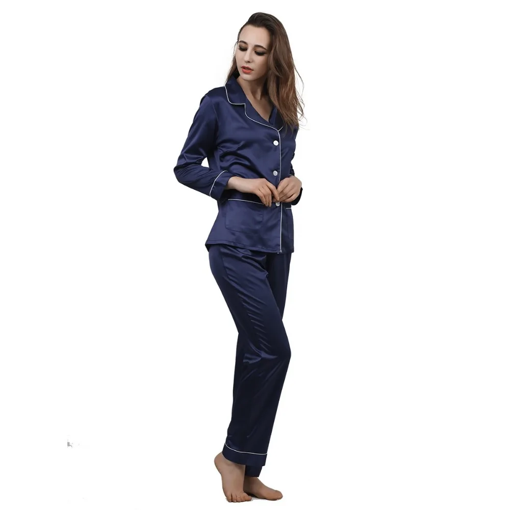 High Grade Satin Women Pajama Sets Notch Collar Long