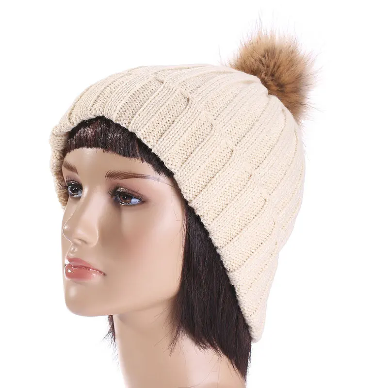 Модные вязаные шапки с черепом маленькие помпоном из искусственного меха