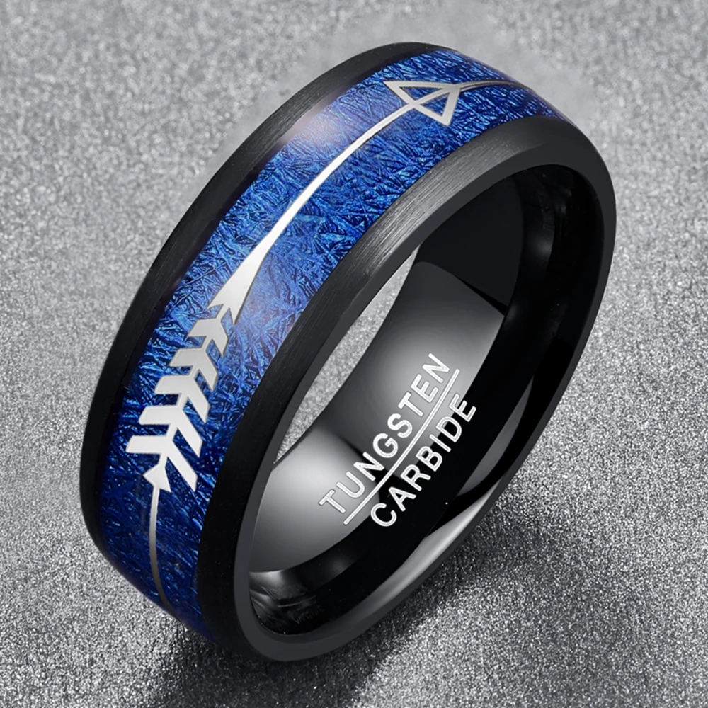 Nuncad 8 мм Серебряное кольцо в форме стрелы из карбида вольфрама инкрустированное синим имитацией метеорита обручальные кольца с черным куполом кольца мужские ювелирные изделия