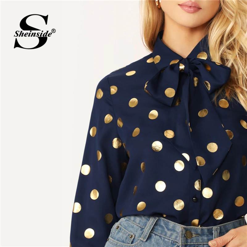 Sheinside, однобортная блузка в горошек с завязками на шее, женская рубашка, топ, осень, темно-синие женские топы и блузки, рубашки с длинным рукавом