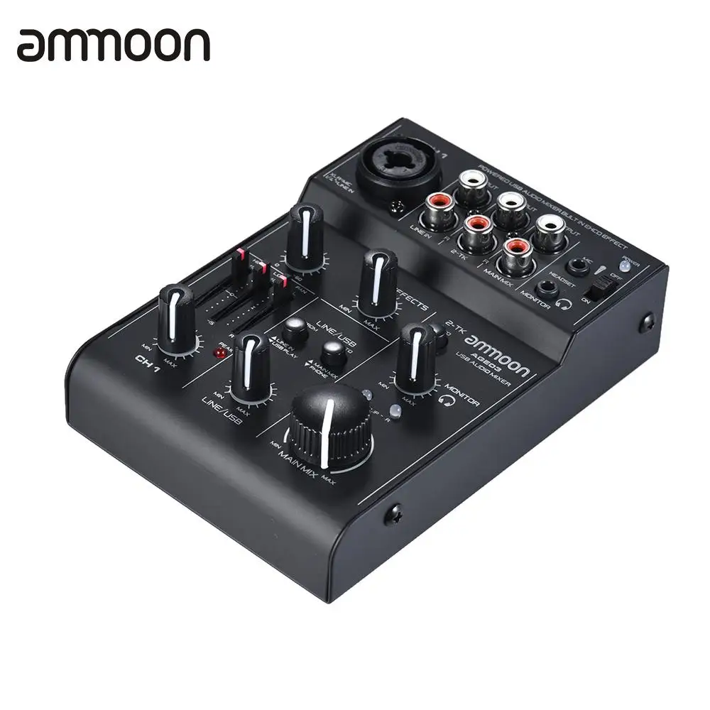 

ammoon AGE03 5-Channel Mini Mic-Line Mixing Console Mixer with USB Audio Interface Built-in Echo Effect USB Powered