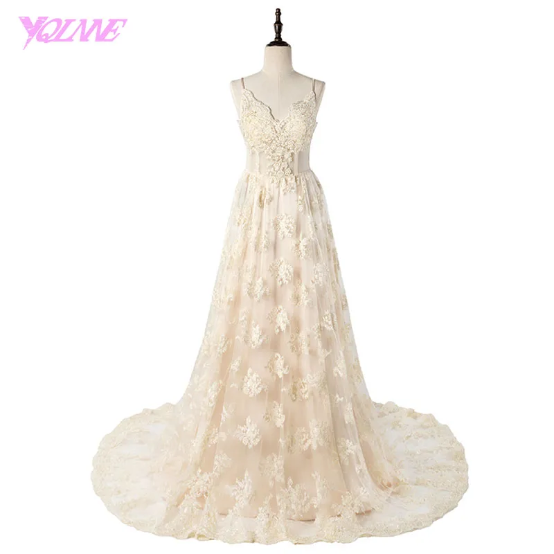 

YQLNNE 2018 Boho Beach Wedding Dress Lace Bridal Gown Dresses Spaghetti Backless Vestido de Noiva Custom Made
