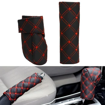 

Car Auto Gear Shift HandBrake Hand Brake Cover Grid PU Cover Set Black Red and Balck white Free Shipping