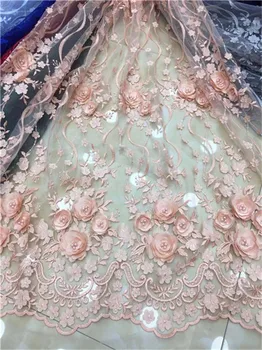 

African Lace Fabric 2019 High Quality Lace 3D Flower Lace Fabric Applique Beads Lace For Nigerian Wedding Dress pink green