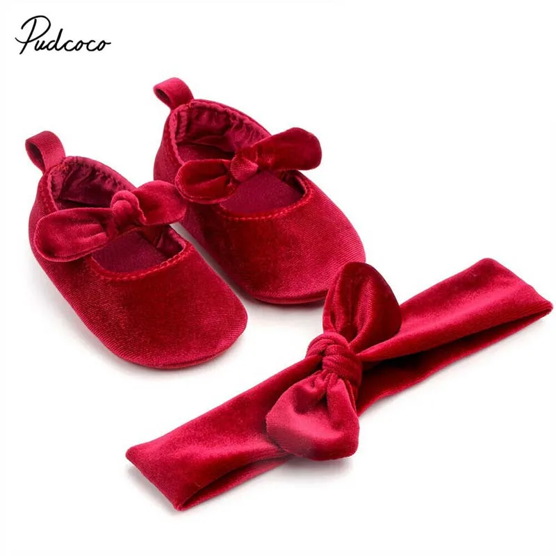 

2019 Brand Newborn Baby Girl Soft Gold Velvet Shoes with Hairband Infant Bowknot Solid Slip-On Crib Shoes 0-18M 0-18M