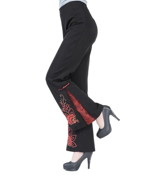 

Spring Autumn Black Chinese Women Flare Pant Traditional Embroidery Trousers Flower Plus Size S M L XL XXL XXXL 4XL 2991-1