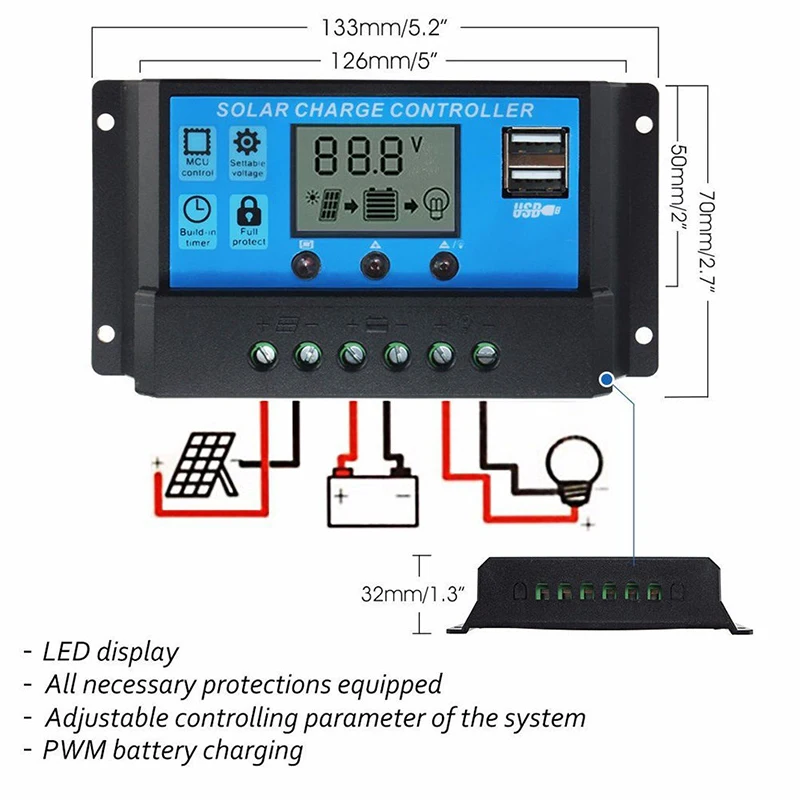 30A 12 В 24 в автоматический Солнечный контроллер заряда PWM с ЖК-дисплеем Dual USB 5 В выход солнечная панель регулятор PV Home