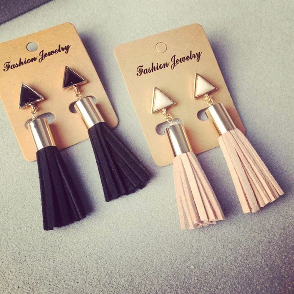 

KISSWIFE Jewelry 2 Colors Vintage Triangle Tassel Stud Earrings Faux Suede Fabric Long Long Earring for Women New Hot