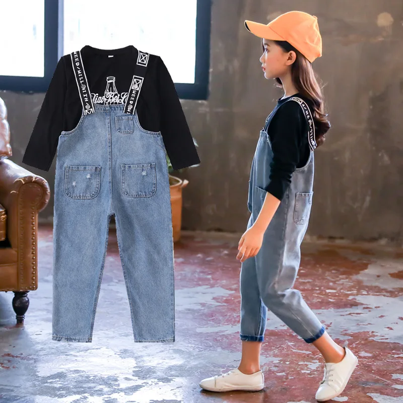 От 5 до 14 лет, комплект модной детской одежды для девочек-подростков, осенняя черная рубашка с длинными рукавами+ джинсовый комбинезон детская одежда из двух предметов для подростков