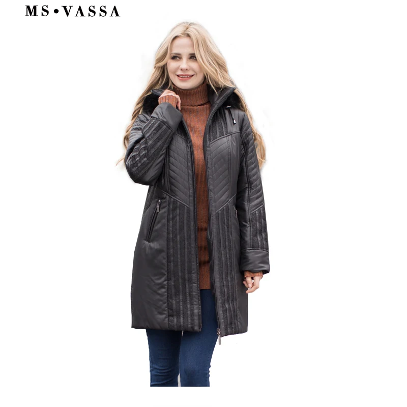 MS VASSA Women Trench coats Autumn Winter Ladies Fashion coat detachable hood with fake fur plus size 4XL 6XL lace decoration