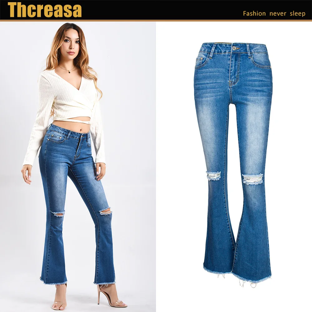 

Tissbely Women's New Style Jeans with Hole and Tassel Slim Flare Pants Casual Color Blue