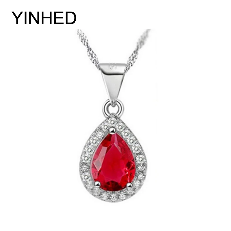 

YINHED 925 Sterling Silver Chain Necklace Grade AAA Red Cubic Zirconia Teardrop Pendants Necklaces For Women ZN087