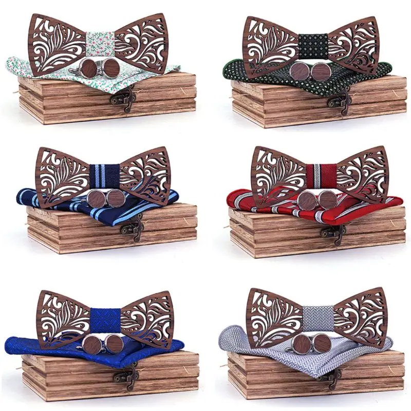  Wooden Bow Tie Set And Handkerchief Cufflinks Bowtie Necktie Gift For Men Wedding Party