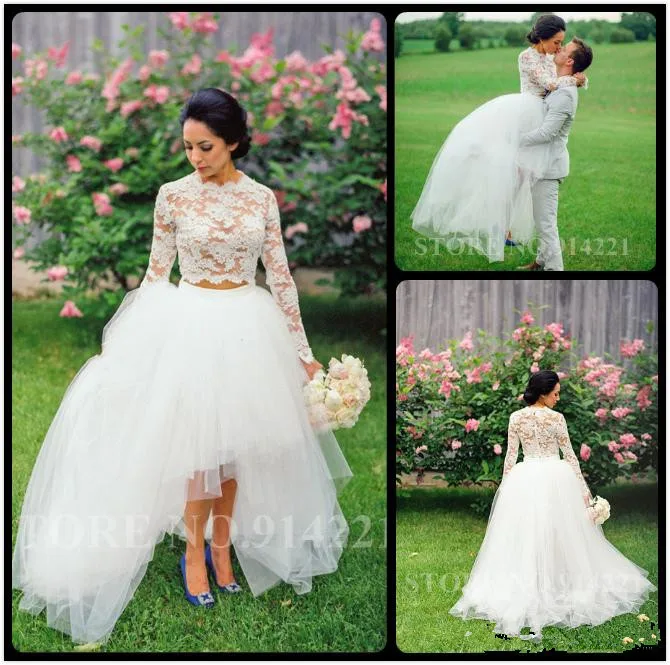 2 Piece Gowns Vintage 2016 Rustic Hi Lo Bridal O Neck Appliques Lace Full Sleeve White Women Wedding Dress In Dresses From Weddings Events 2 Piece Gowns Vintage 2016 Rustic Hi Lo Bridal O Neck Appliques Lace Full Sleeve White Women Wedding Dress In Dresses From Weddings Events