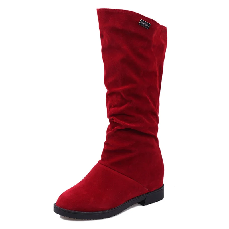 Женские ботинки; сезон осень-зима; женские ботинки из матового флока; женская обувь на низком каблуке, увеличивающая рост; женские сапоги до середины икры - Цвет: Red