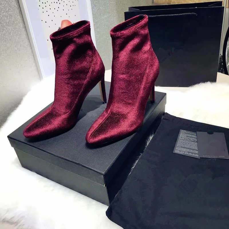 

Female Sexy Ankle Boots Shoes Pointed Toe Elastic Strech Tube Boots Suede Leather Stiletto High Heel Martin Boots tenis feminino