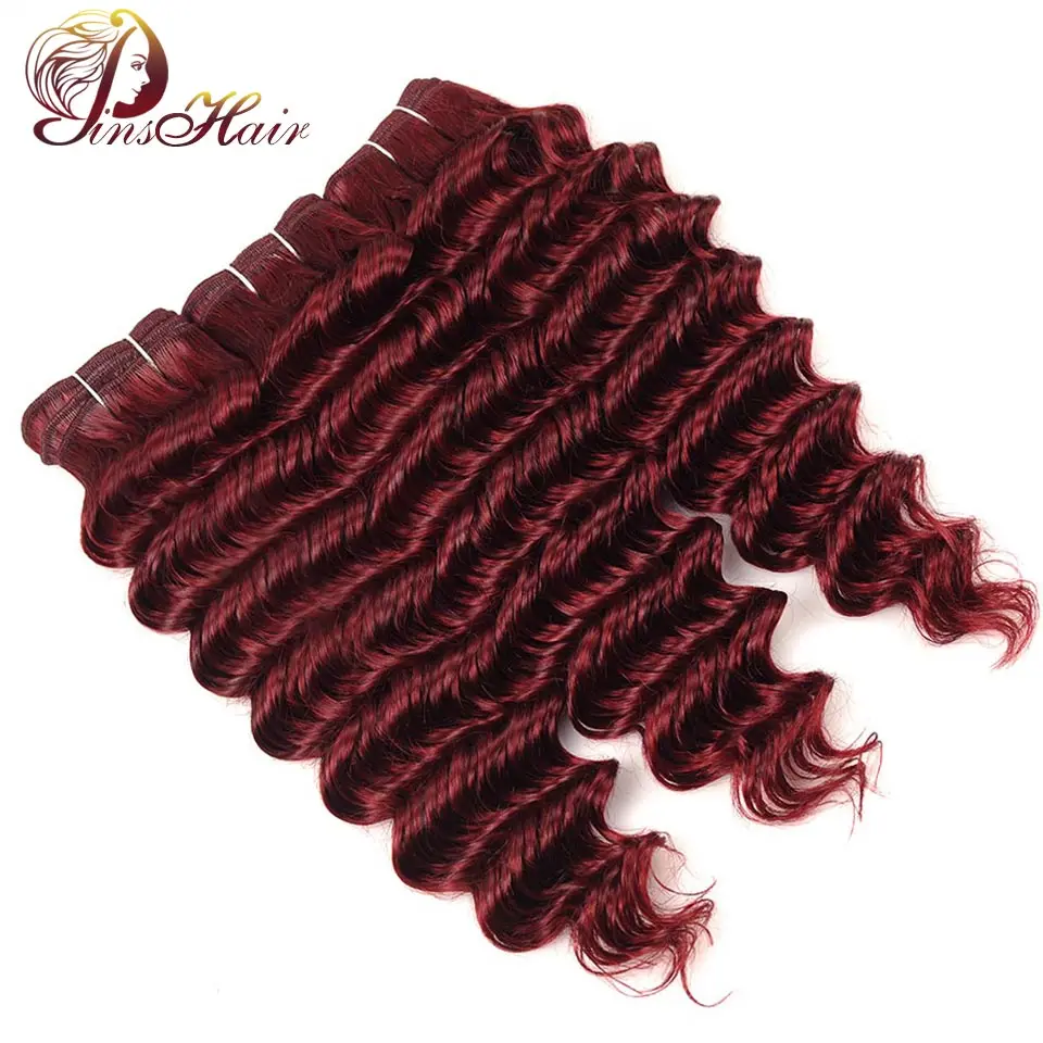 Pinshair Pre-Colored Red Human Hair With Closure 99J Brazilian Deep Wave 3 Bundle With Lace Closure Burgundy Thick Hair Non Remy (7)