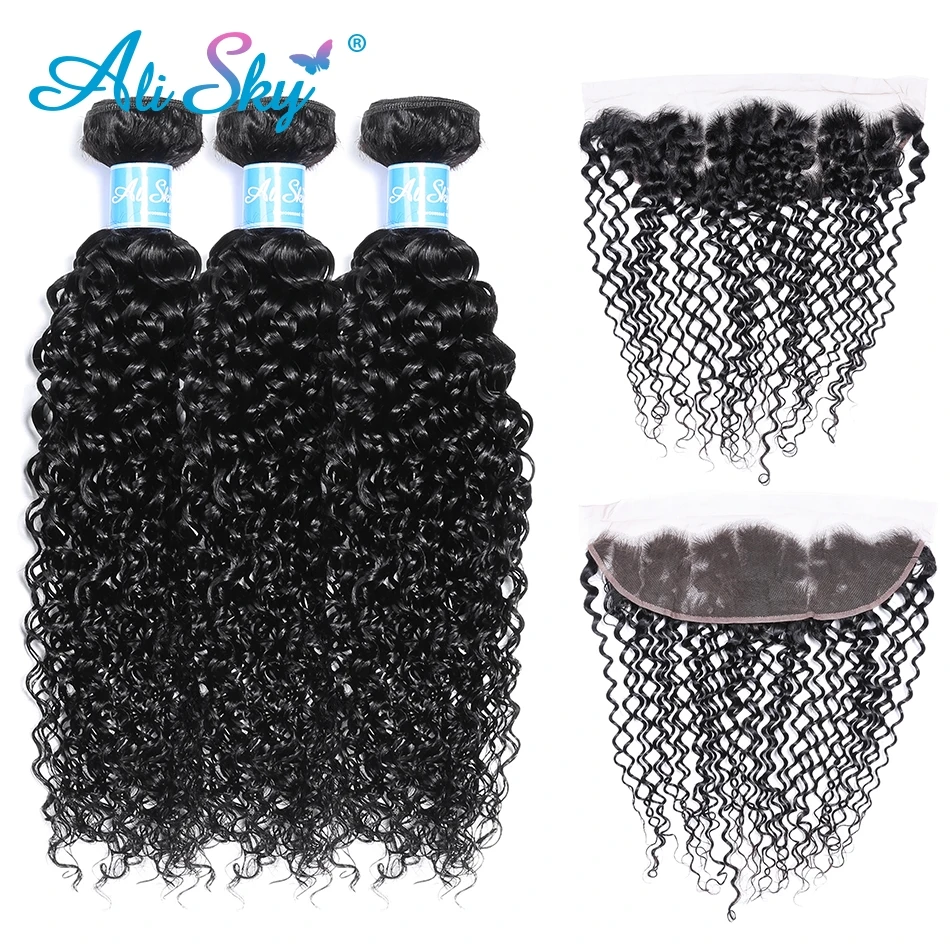Alisky волосы 3 пряди перуанские кудрявые Волосы remy с 13X4 кружева фронтальные предварительно вырезанные ухо Кружева Закрытие с детскими волосами