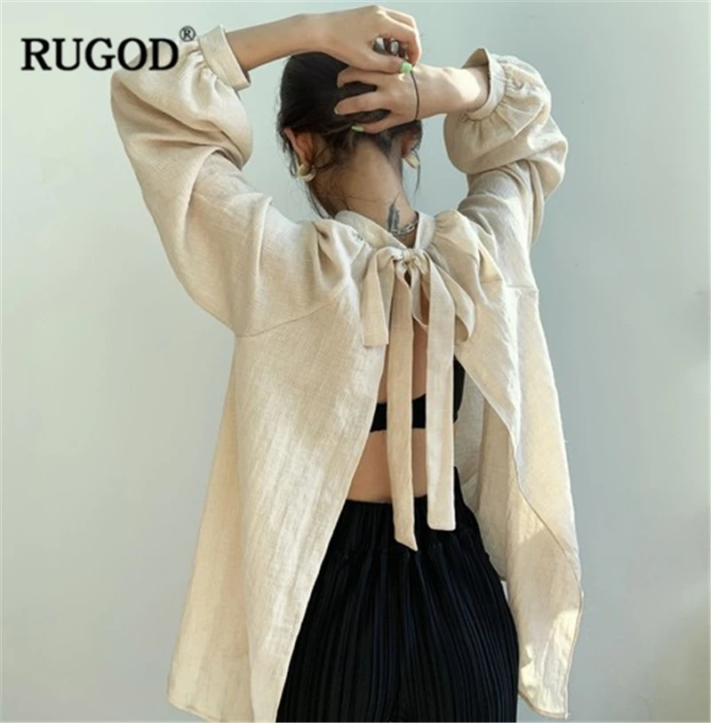 

RUGOD 2019 New Autumn Women Designer Spilt Backless Strap Shrit O-neck Long Sleeve Loose Blusas Cutton And Linen Breathable Top
