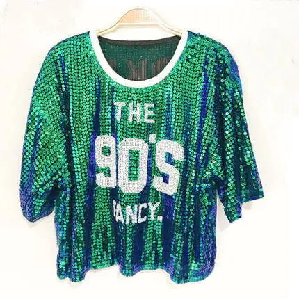 Летняя стильная женская футболка с блестками, женская футболка с круглым вырезом, Повседневная футболка для лучших друзей, длинная футболка для женщин, женская футболка - Цвет: green tops