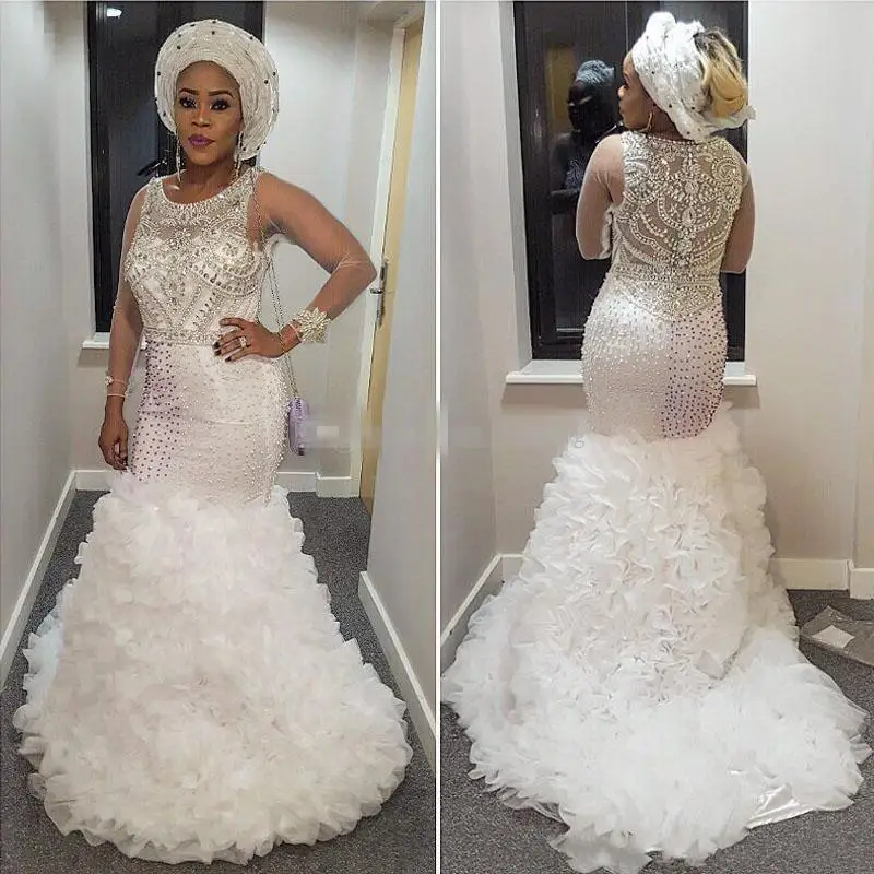 2019 African Nigeria Mermaid Wedding Dress Plus Size Jewel Neck Crystal 