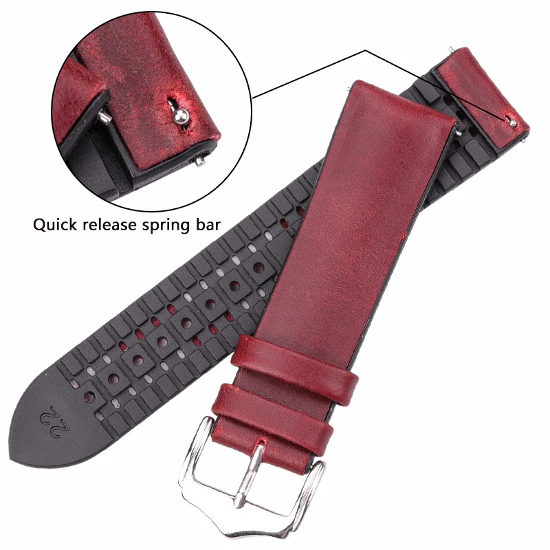 Leather And Ruuber Watchbands Women Men Waterproof Breathable Watch Band Strap Accessories 18mm 20mm 22mm