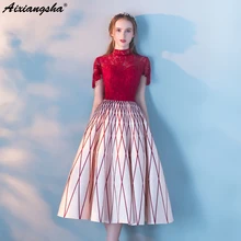 2018 Alta-Neck Mangas Curtas Tea-Length Vestido Red Apliques de Renda Elegantes Vestidos de Noite vestido de festa longo robe de soirée