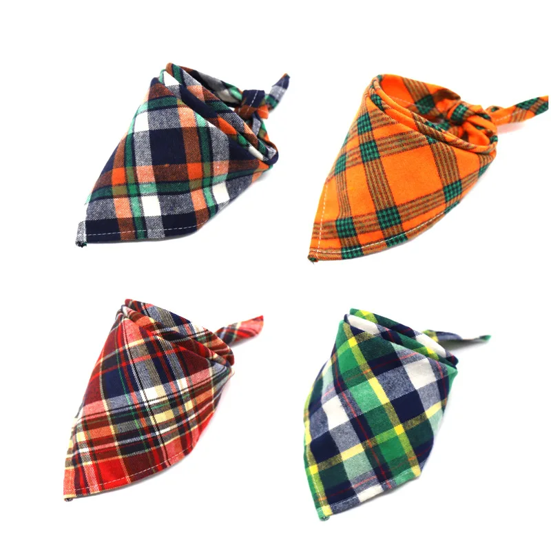 Plaid - Dog Bandana Cotton Plaid Pet Scarf Bow ties Collar Square Triangular bandanas