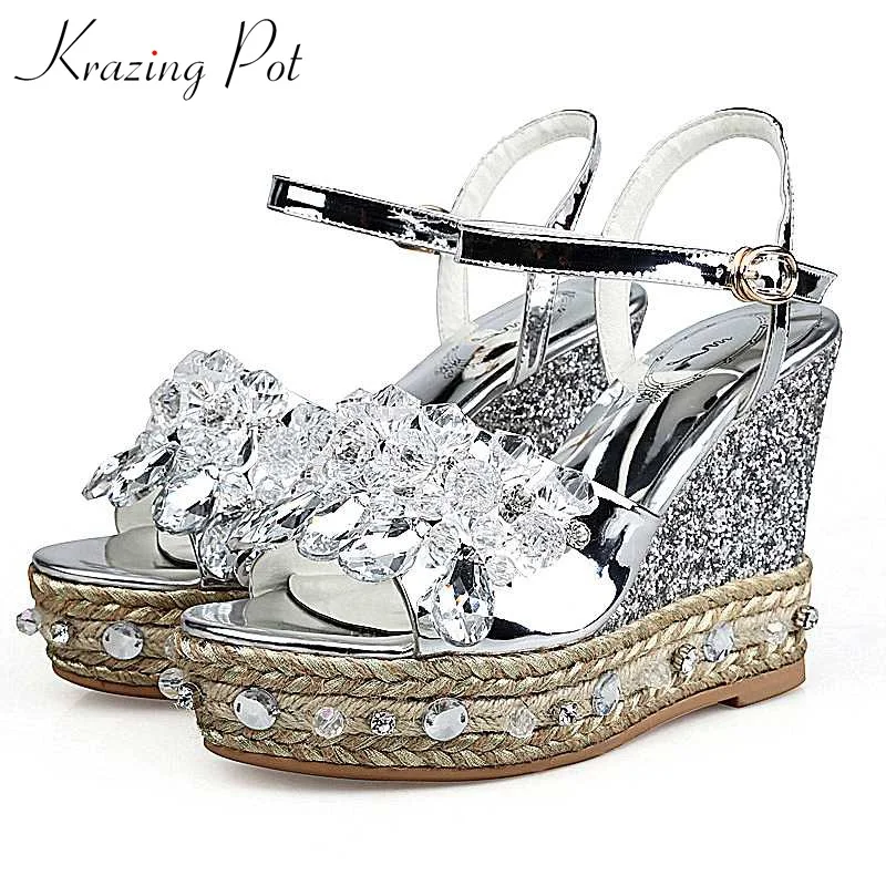 

Krazing pot genuine leather buckle strap women high heels straw decorations platform sandals runway diamond-studded shoes L25