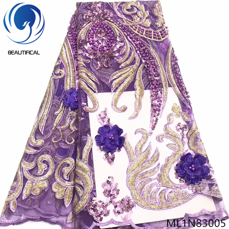 

Beautifical african lace fabrics Fashion purple sequins net lace fabric 3d flowers lace embroidery fabric with beads ML1N830