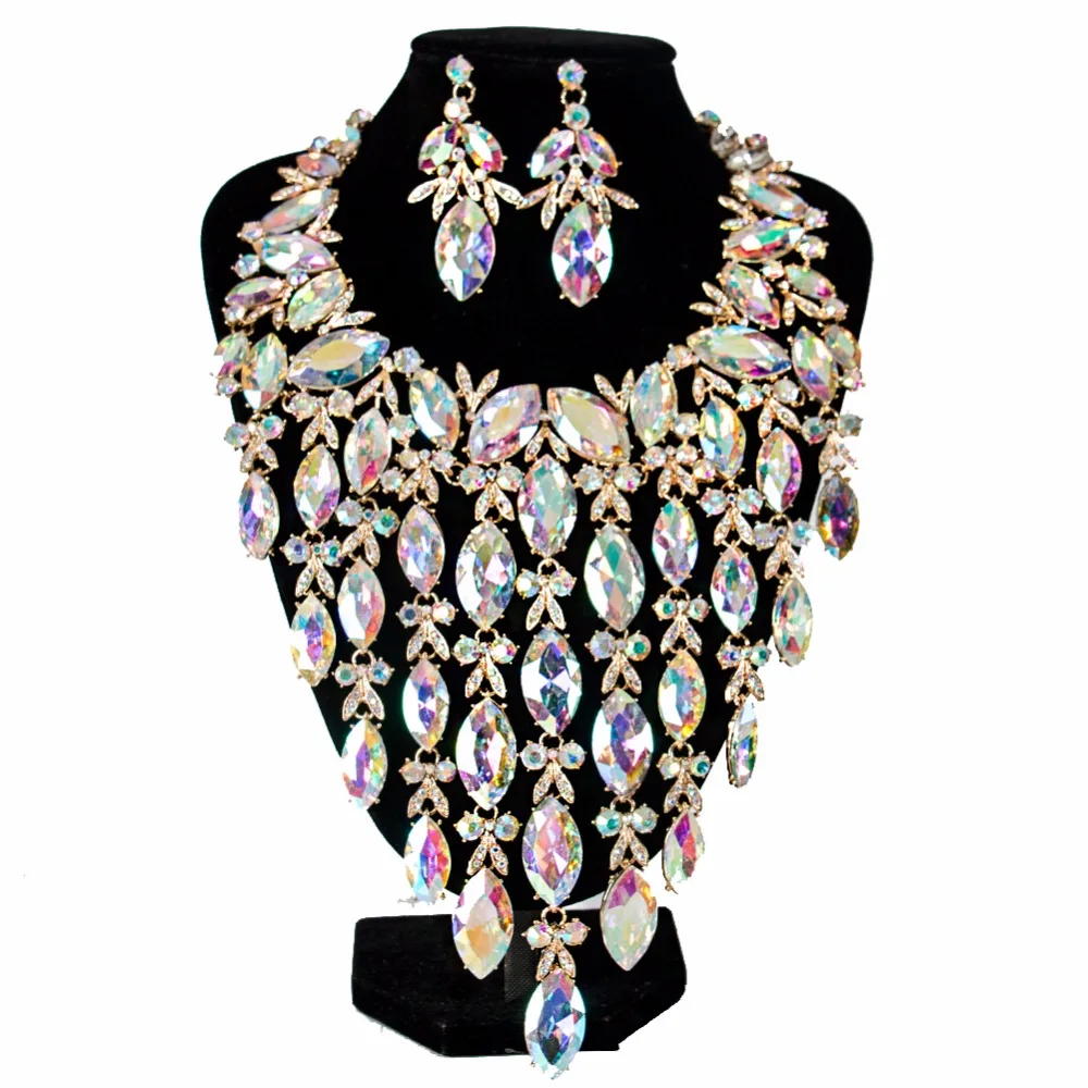 Lan дворец роскошный большой кристалл свадебный ювелирный набор шесть цветов ожерелье и серьги для женщин