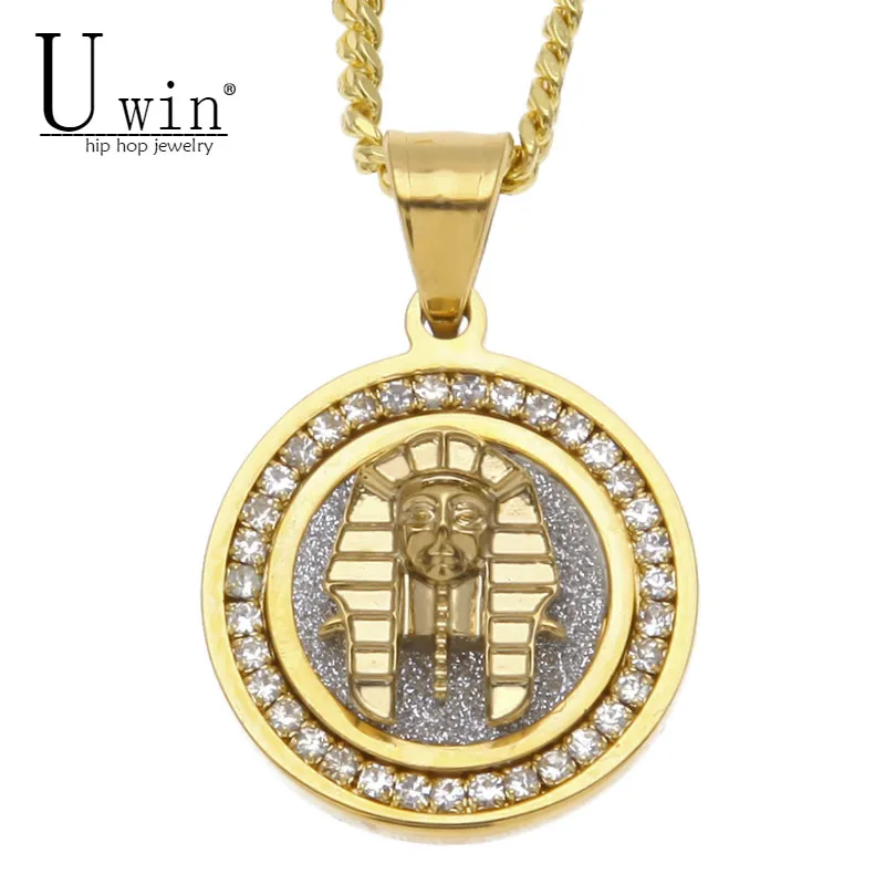 

UWIN Iced Out Egyptian Pharaoh Pendant Stainless Steel Bling Rhinestone Men's Women Round Pendant Necklace Punk Hip hop Jewelry
