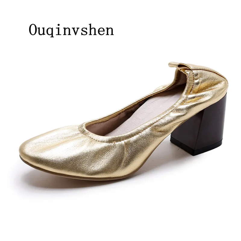 

Pleated Gold heels 2017 New pattern Black White Golden Apricot Genuine Leather Concise Casual Lazy shoes Woman pumps summer