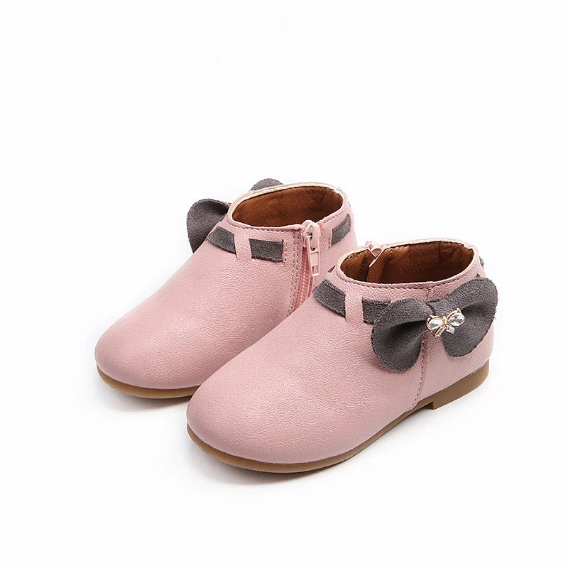 

Children Shoes Girls Boots 2018 Spring and Autumn New Lovely Bow Ankle Boots With Side Zipper Non-slip Warm Plush Winter Boots