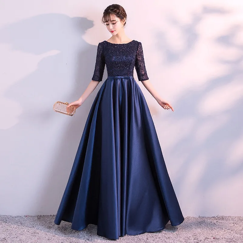 Темно-синее Благородное женское атласное кружевное платье с коротким рукавом сексуальное тонкое вечернее платье полной длины улучшенное танцевальное платье с круглым вырезом