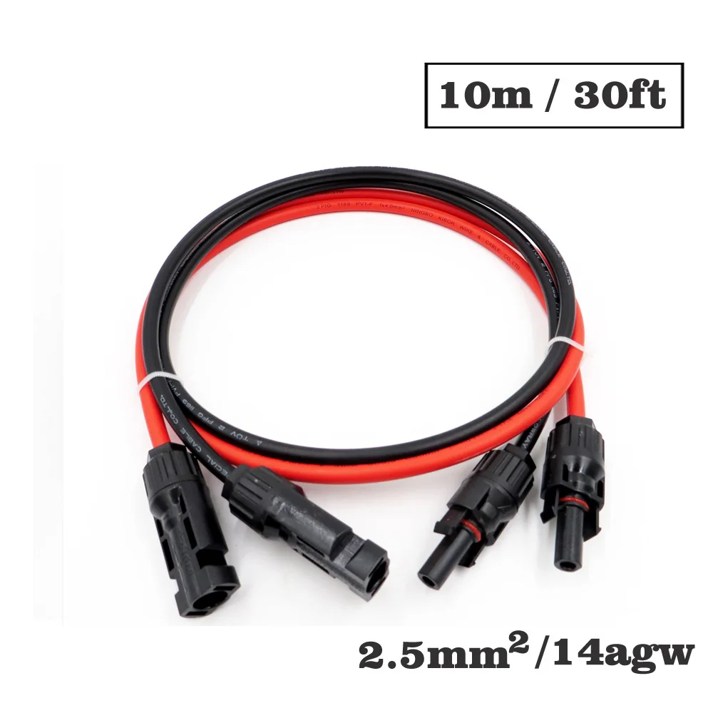 

1pair X 2.5mm2 14AWG 30FT 10m MC-4 Connector Extension Connect branch black parallel Series 30meter extend cable