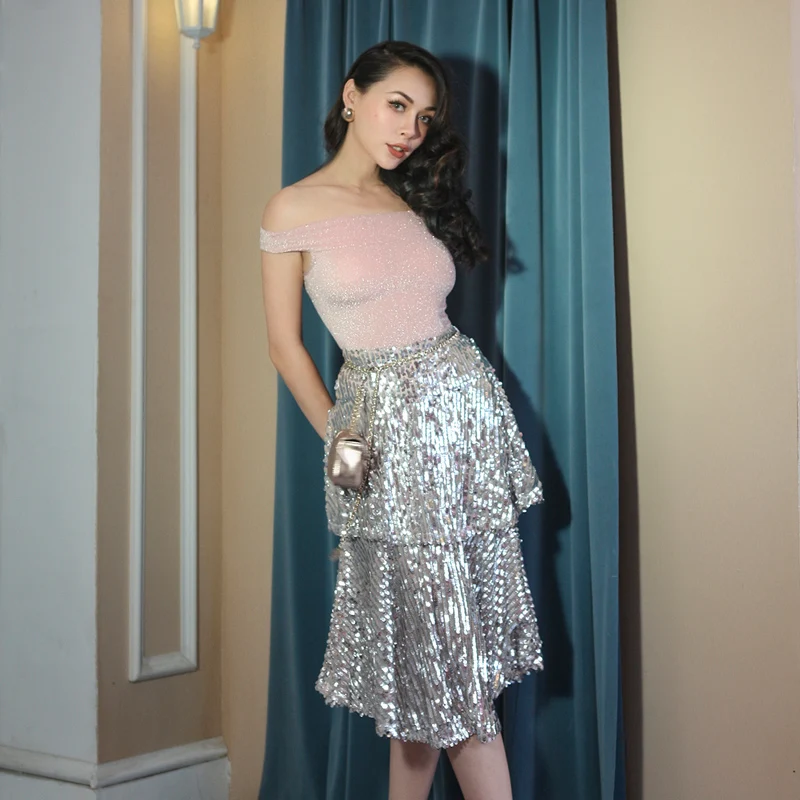 

2018 Summer Party Dazzle Shell Shape Skirt Double Layer Ruffles Slim High Rise Skirt Stylish no Stretch