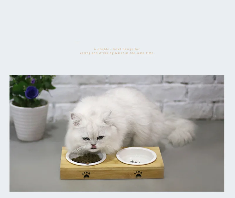 Кота Автоматические кормушки для собак домашних животных Еда миски для одноместный/двухместный/три чаши Керамика посуда бамбуковая оправа, товары для домашних животных, собаки кошки кормушки