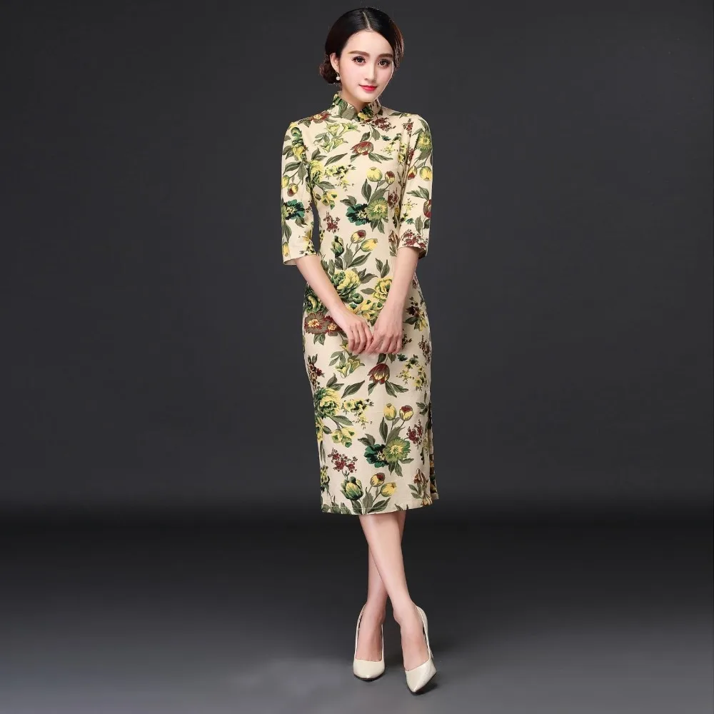 Novelty Clothes Chinese Traditional women's dress Cotton Linen Cheongsam Qipao Summer Three Quarter Sleeve Long Dress chinese dress