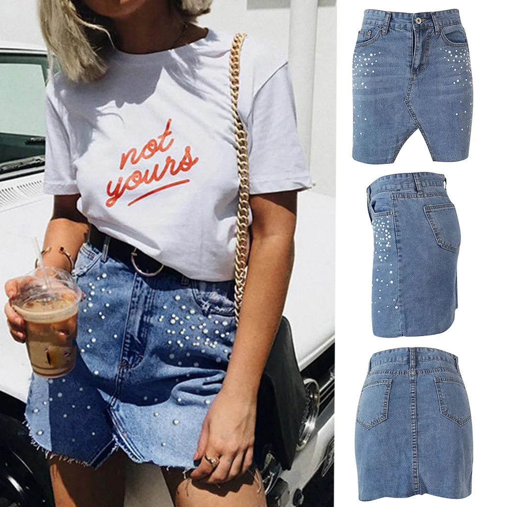 

Womail Denim Skirt Summer Jeans Skirt Women High Waist Pearl Diamond Studded Skirts Female Mini Casual Pencil Skirt 2019 M16