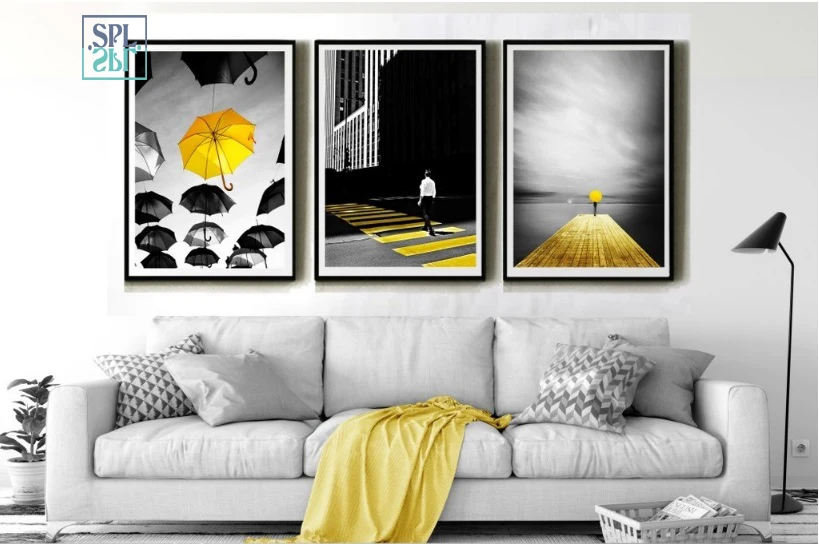 SPLSPL, современный черно-белый холст, художественная живопись, желтый зонтик, Скандинавское украшение, домашние плакаты, Настенная картина для гостиной